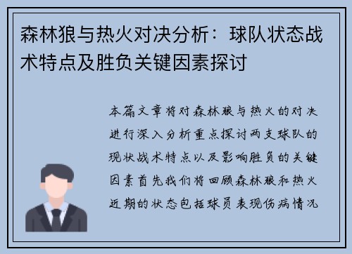 森林狼与热火对决分析：球队状态战术特点及胜负关键因素探讨